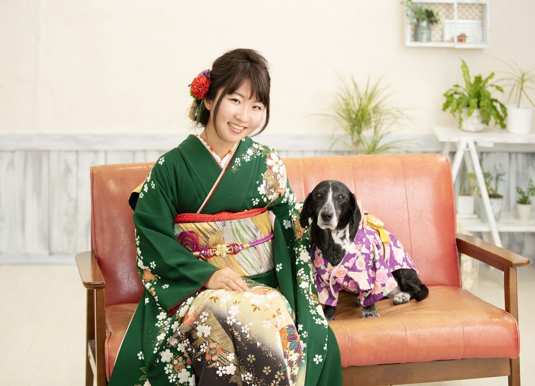 緑の振袖の成人式